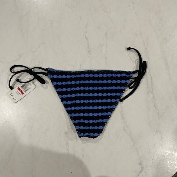 Splendid Avalon Eyelet Crochet String Bikini Bottoms Blue Black Side Tie NEW NWT - Picture 7 of 7